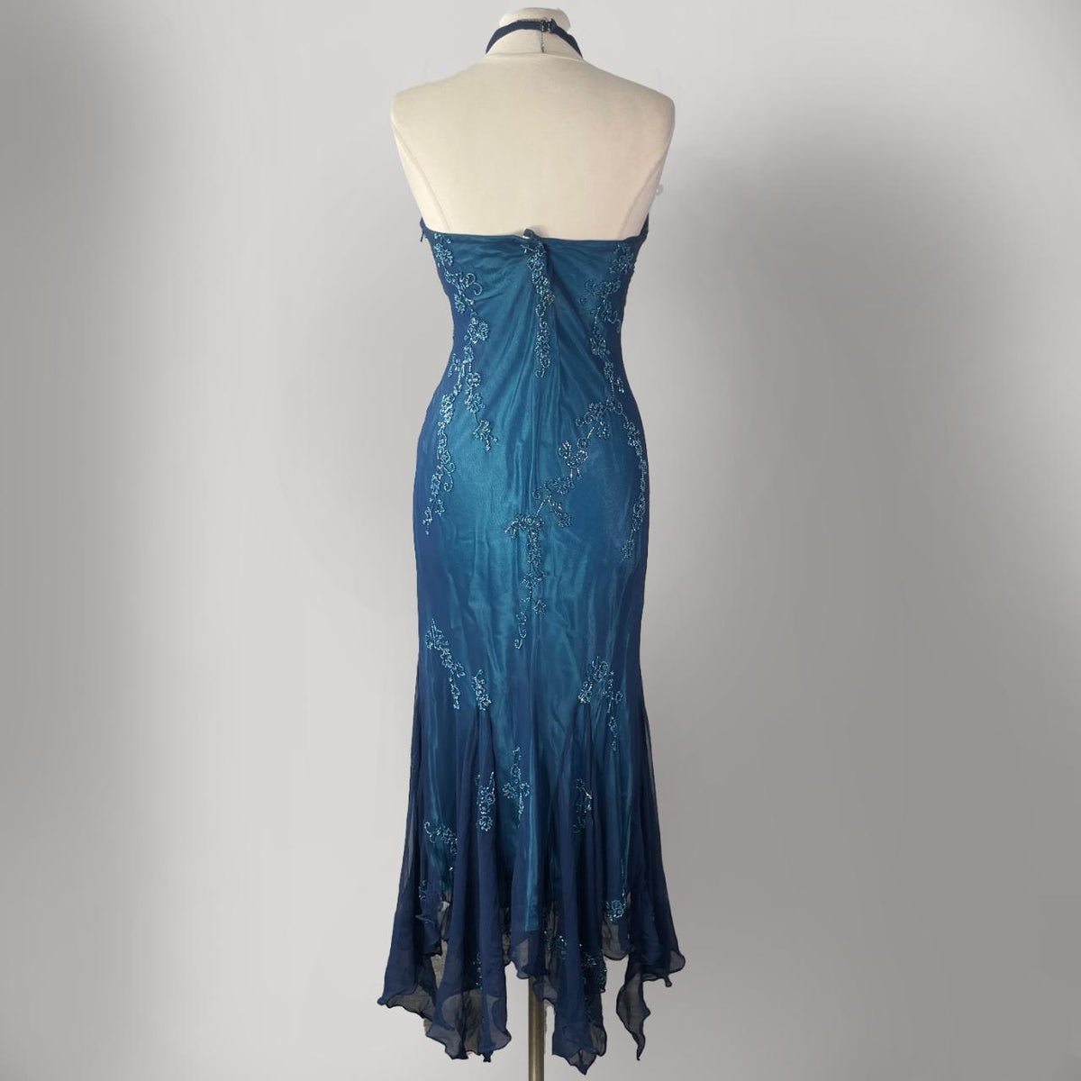 Dark Blue Fairy Mermaid Beaded Long Chiffon Formal Prom Evening Dress Wedding Guest Party Gown Dress Greek Halter Neck b