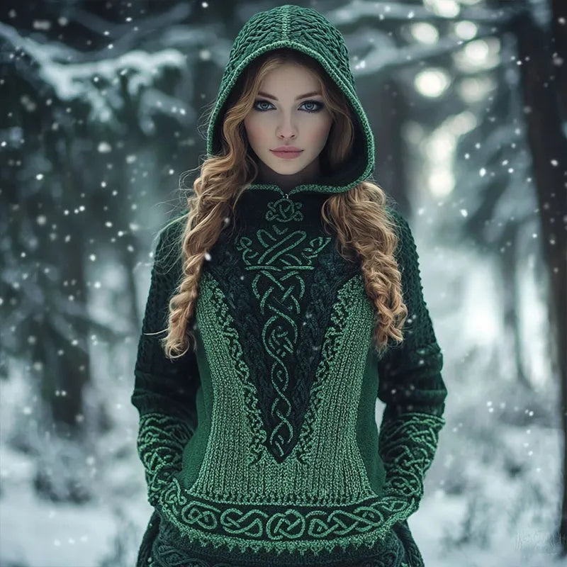 Women's Celtic Knot Contrast Color Knit Hooded Sweater
