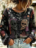 Women's Halloween Skull And Spider Art Distressed Patchwork Crewneck Long Sleeve Top
