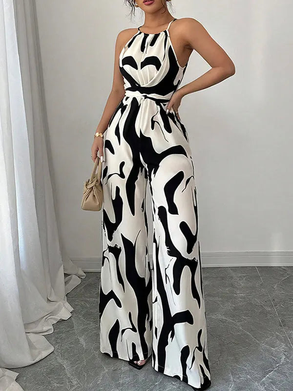 Loose Sleeveless Contrast Color Pleated Spaghetti-Neck Jumpsuits