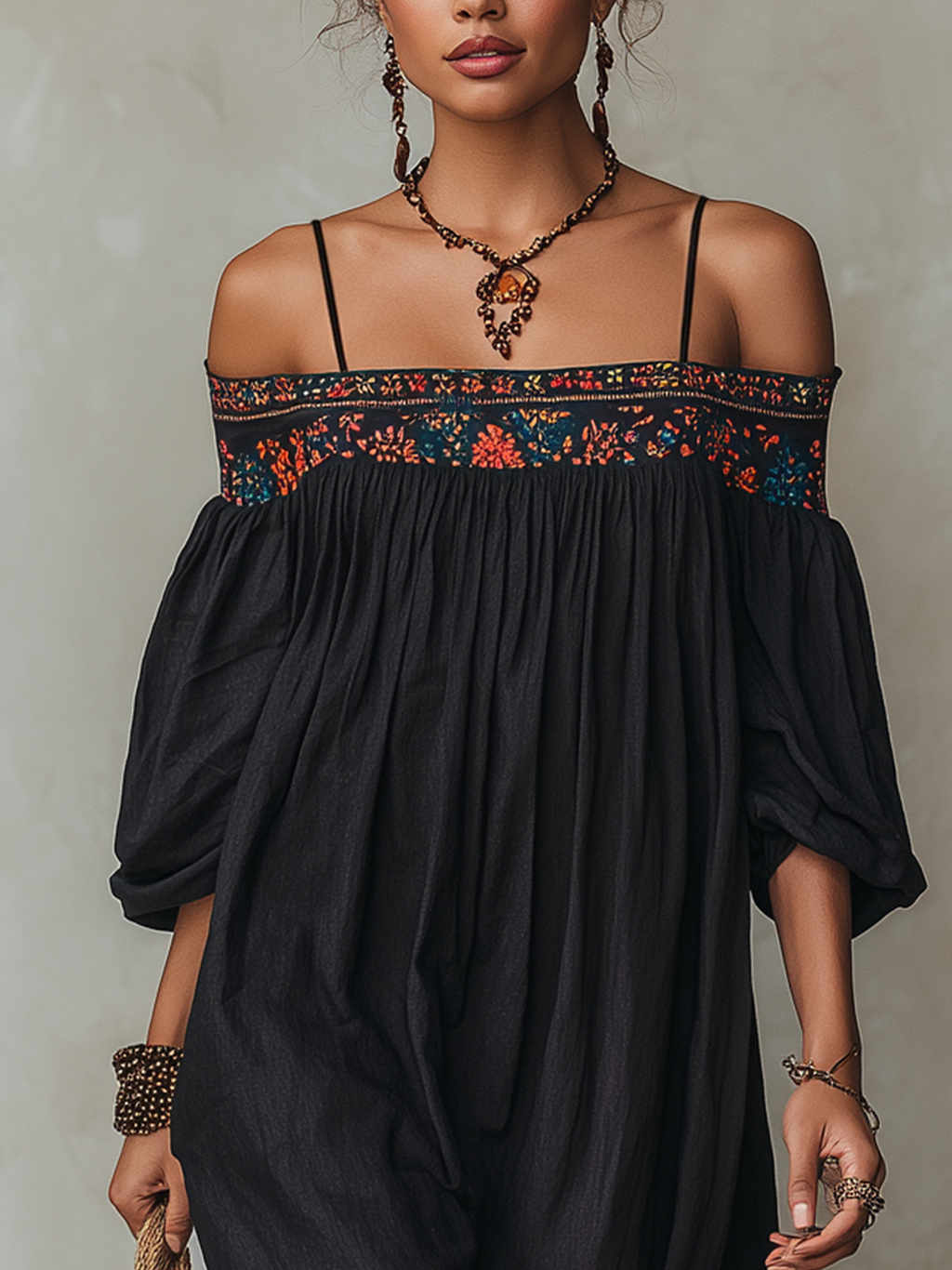 Black Embroidered Patchwork Cotton Linen Spaghetti Strap Midi Dress