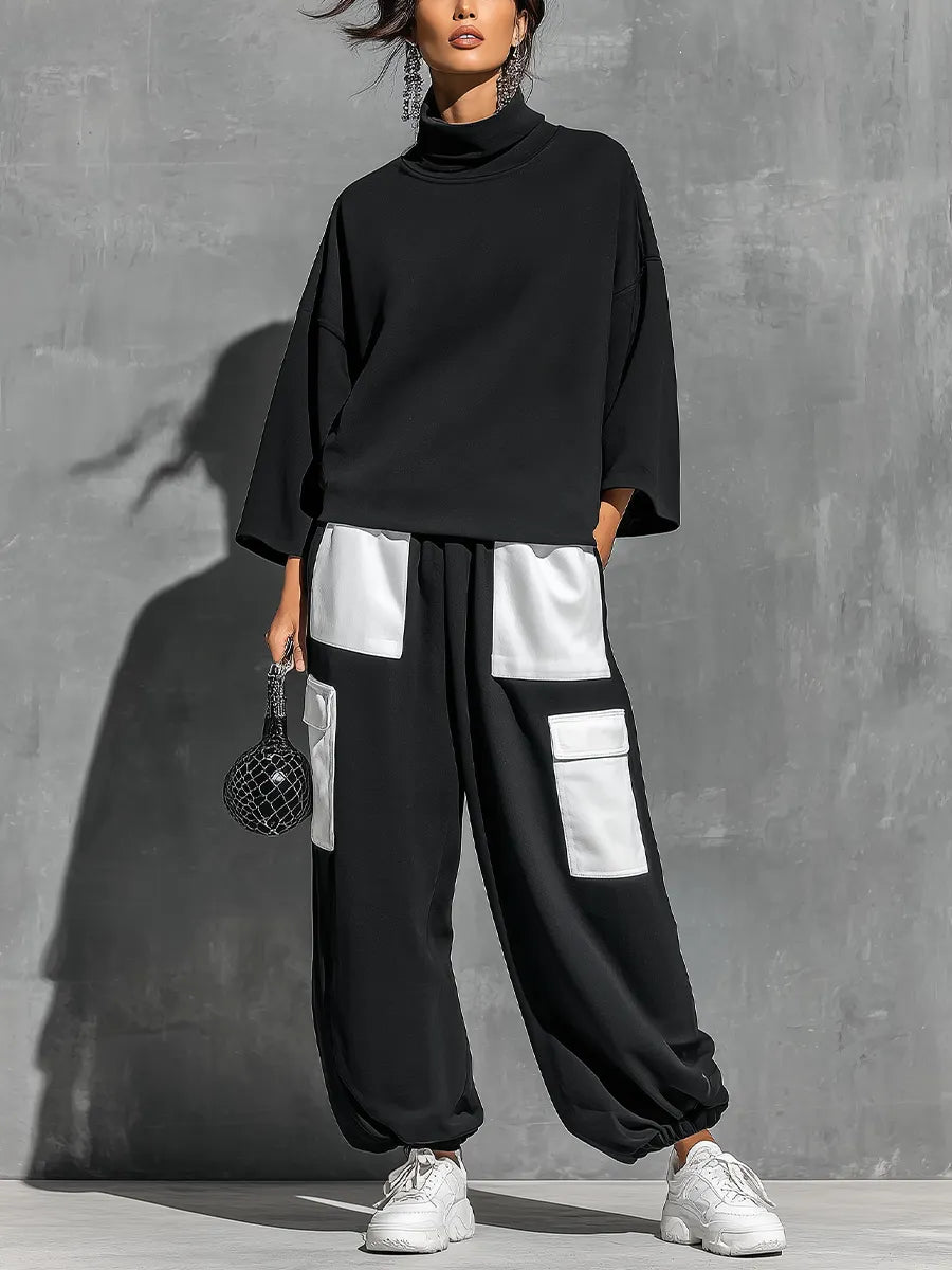 Women’s Black French Terry Oversized High Neck 3/4 Sleeve Sweatshirt & Elastic Cuff Color Block White Patch Pocket Jogger Cargo Pants Two Piece Tracksuit Set MDZ0696G6YZJ