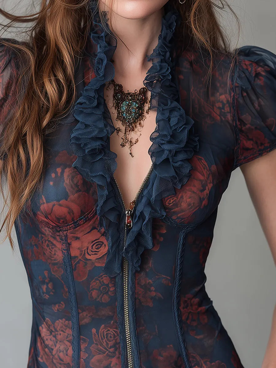 Vintage Mesh Printed Blouse With Ruffle Trim