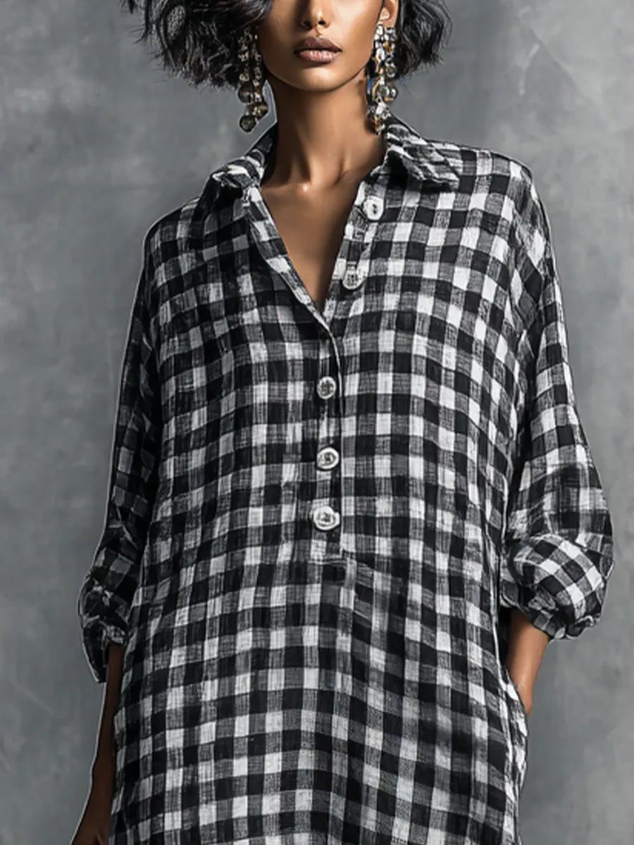 Women's Casual Black And White Checkered Shirt-style Long Dress MDZ0924B4BA
