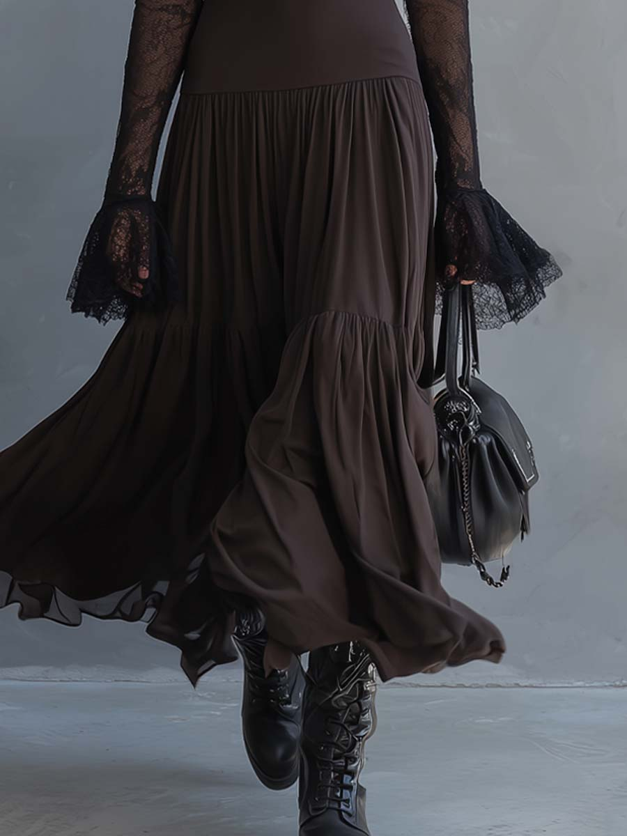 Dark Brown Lace-sleeved Sheer Hem Flared Cuffs Maxi Dress