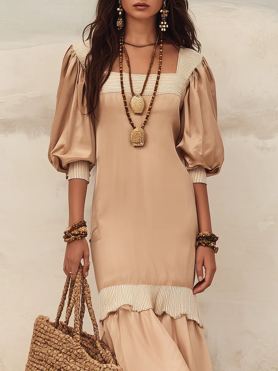 Flowy Nude Ruffled Dress With Puff Sleeves ¡ª An Elegant With Effortless Feminine Style  Maxi Dress