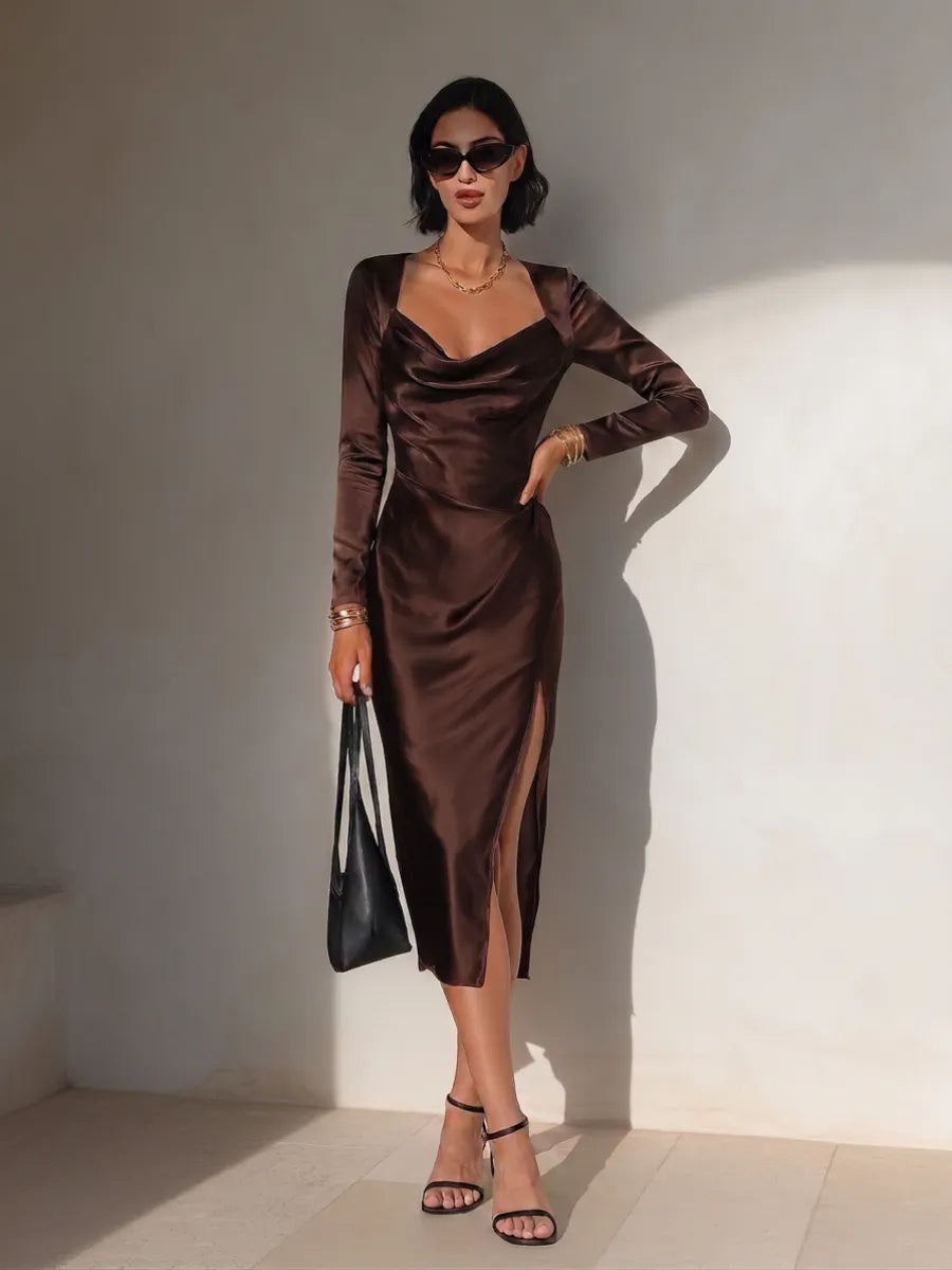 Women's Elegant Chocolate Brown Satin Cowl Neck Long Sleeve High Slit Bodycon Midi Dress MDZ0366G6O