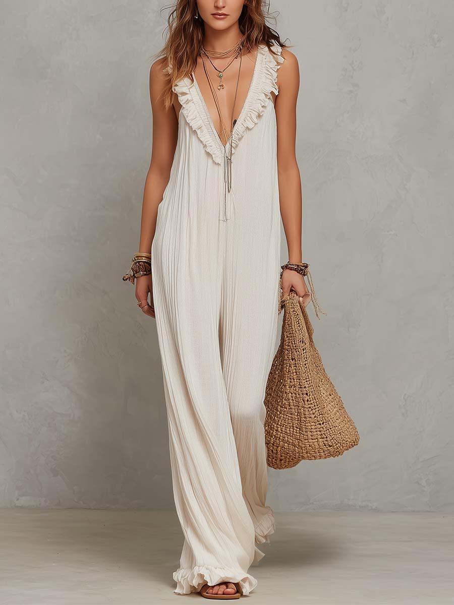 Lightweight Bohemian-style Pleated Chiffon Sleeveless Jumpsuit