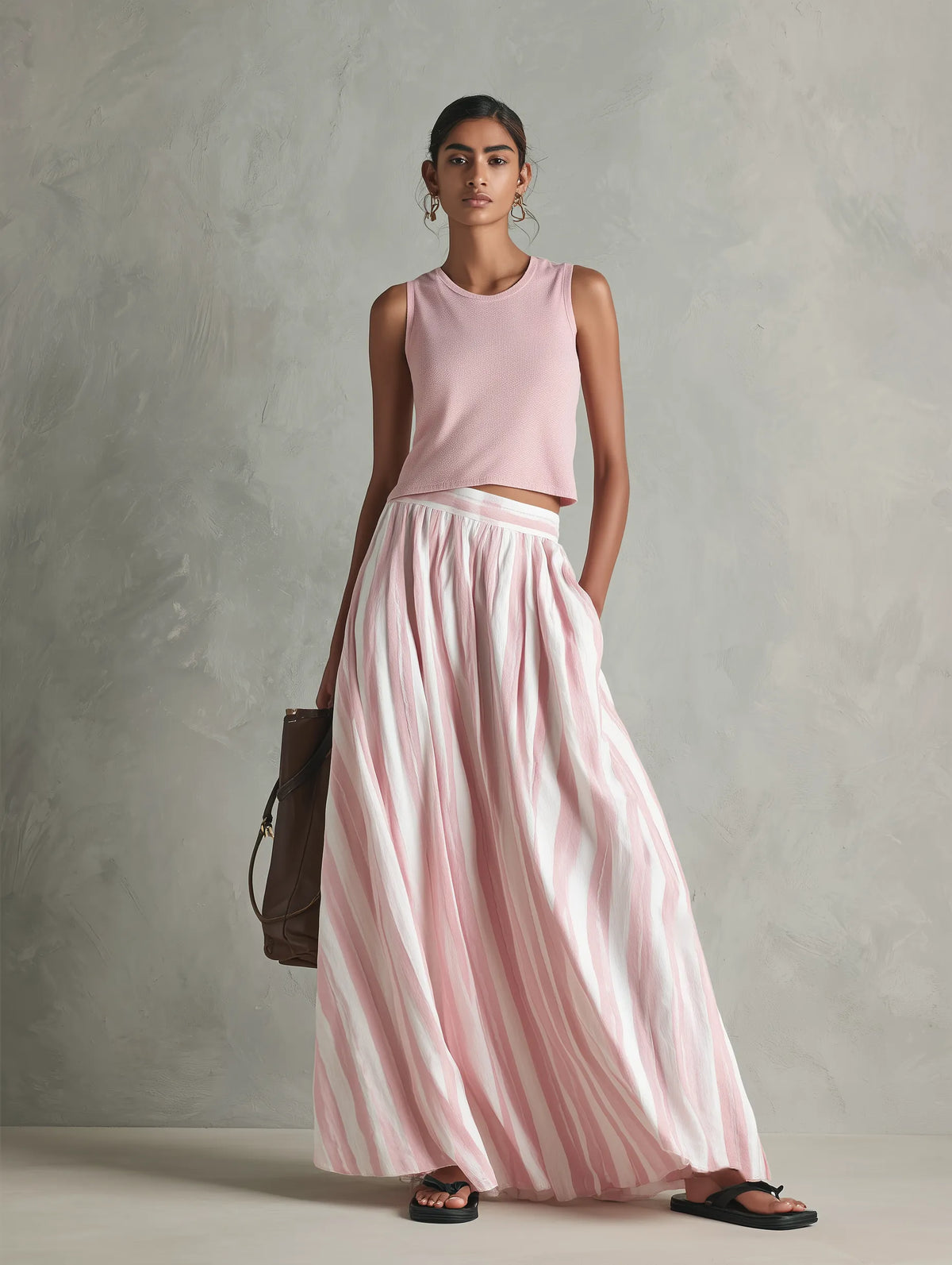 Women's Casual Pink Stretch-knit Sleeveless Round-neck Top Paired With A Woven Pink Printed Maxi Skirt MDZ0986G3LXY