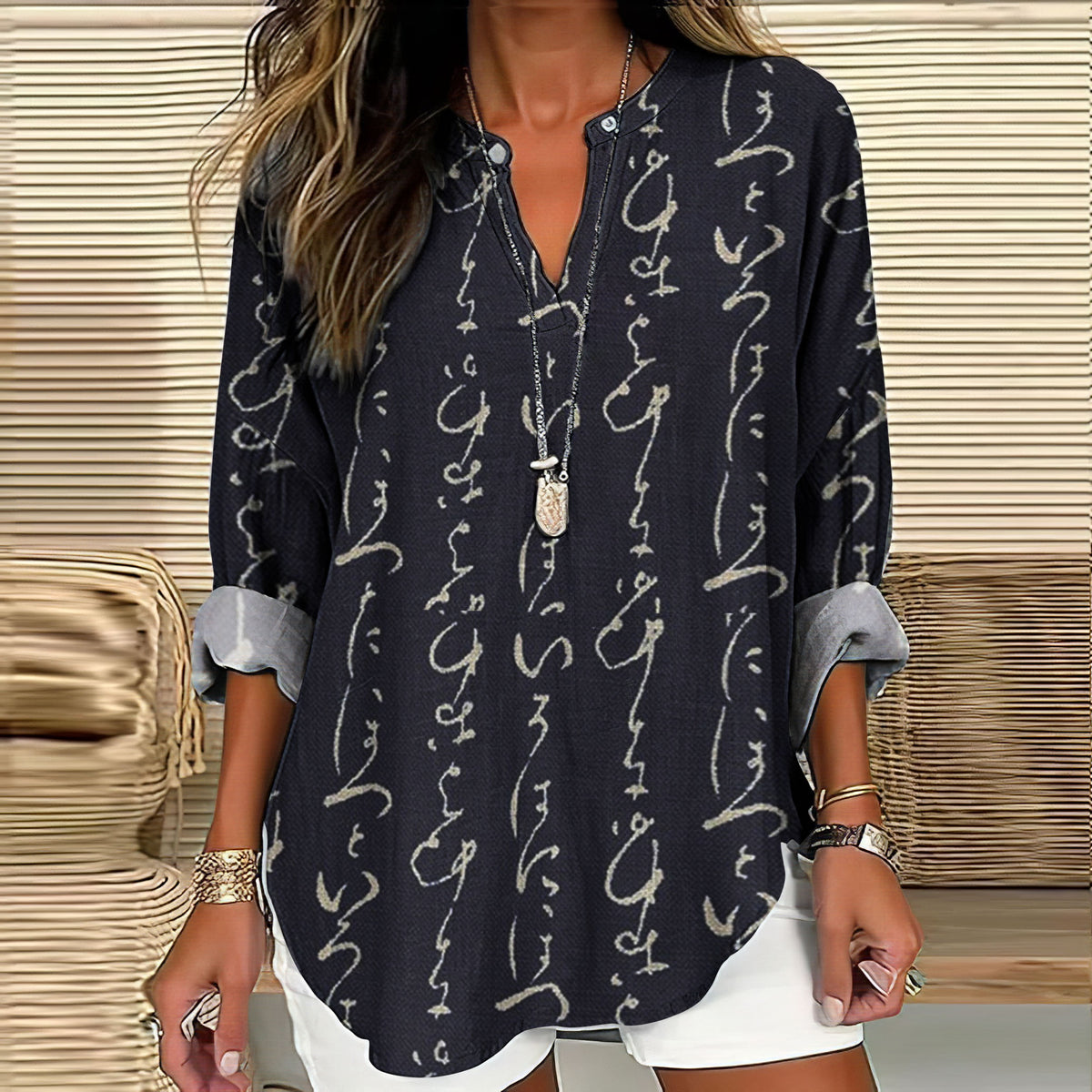 Retro Japanese Traditional Sashiko Calligraphy Pattern Women's Linen V-Neck Shirt