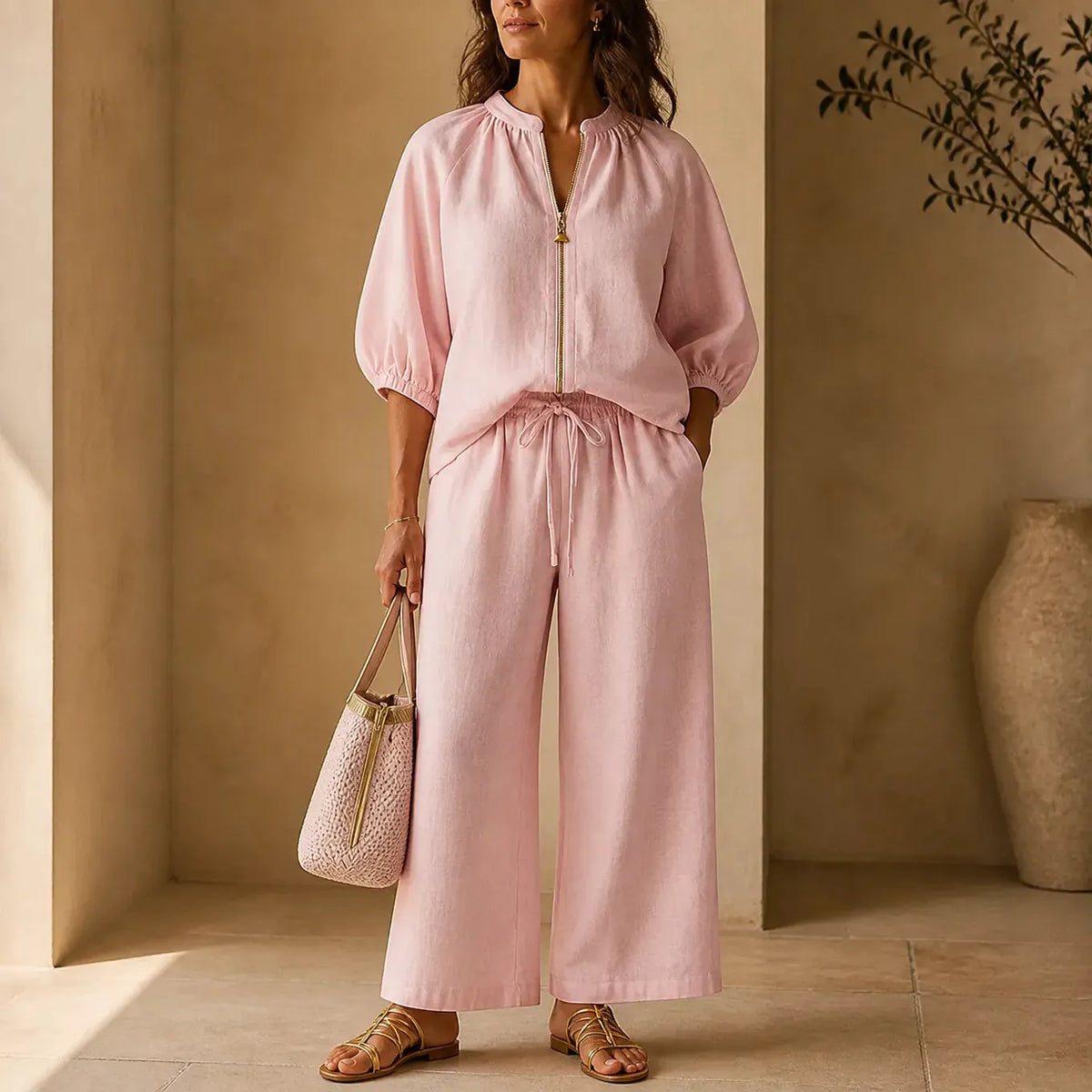 Lunavia – Puff Sleeve Wide Leg Matching Set with Drawstring Waist