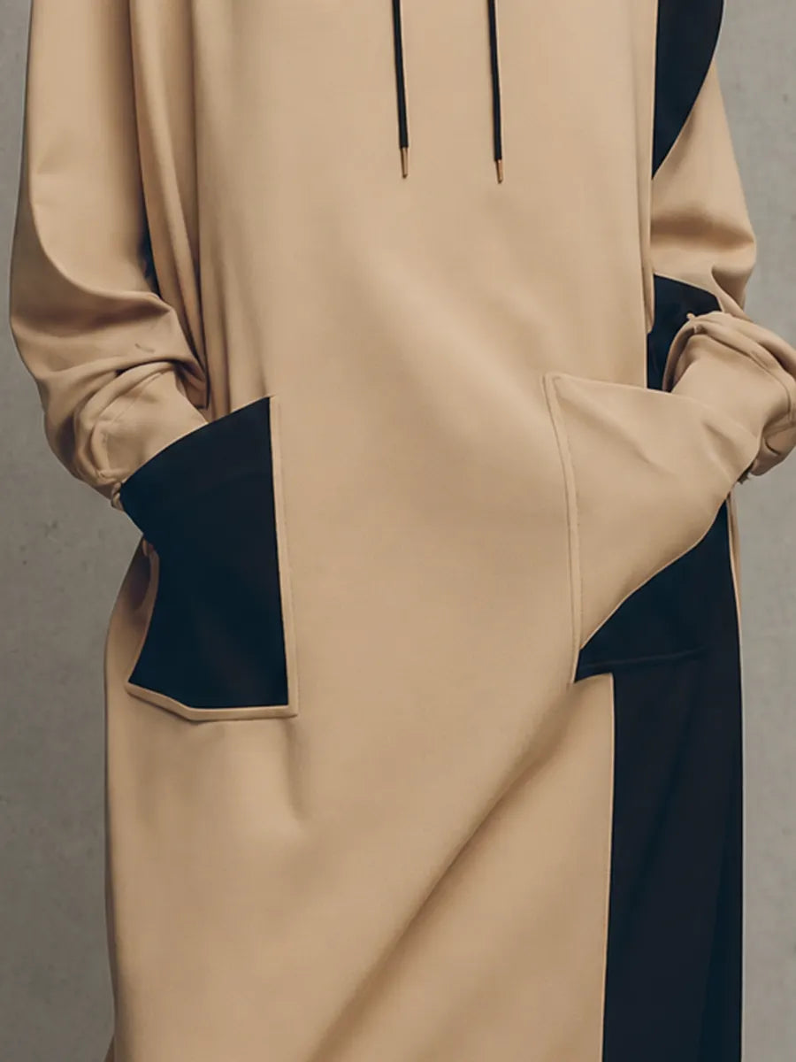 Women's Khaki Black Color Block Knit Drawstring Hooded Long Sleeve Side Pocket Oversized Maxi Sweatshirt Dress MDZ1507G2YZJ