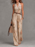Champagne Floral Polka Dot Halter Lace-Trimmed Wide-Leg Jumpsuit