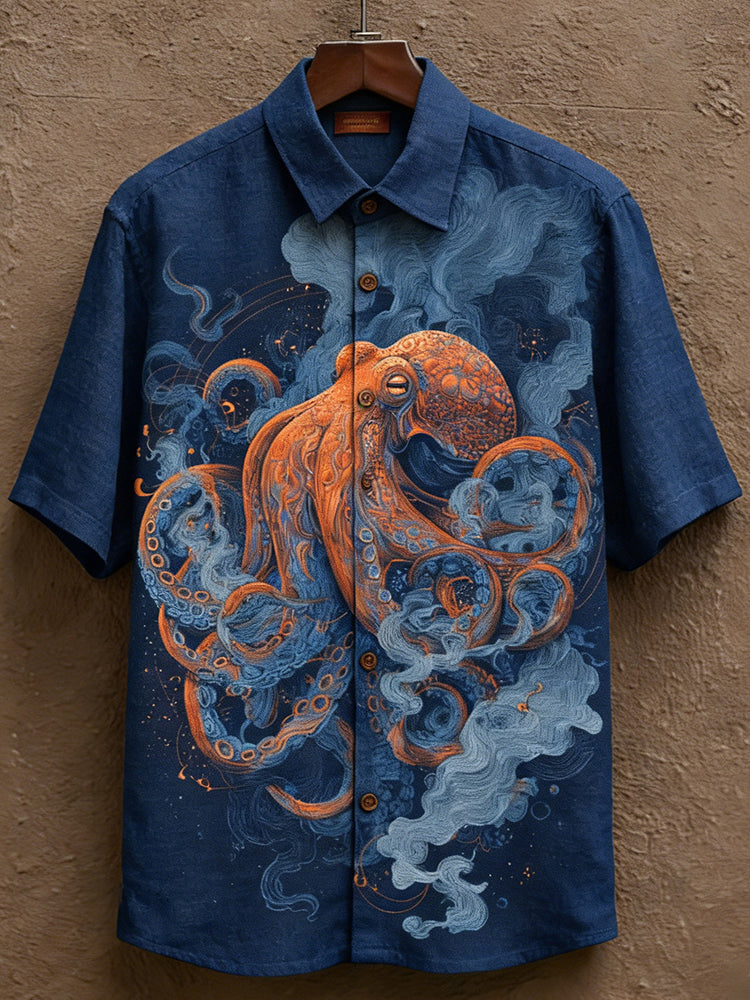 Men's Japanese Art Ocean Octopus Print Short-sleeve Shirt