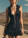 Chic Western Black Faux Denim Ruffled Collar Sleeveless Mini Dress