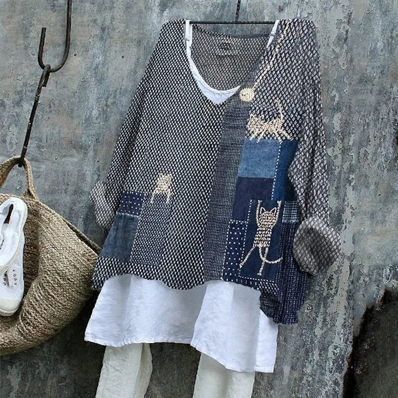 Lovely Cats Japanese Sashiko Art Patchwork Linen Blend Tunic