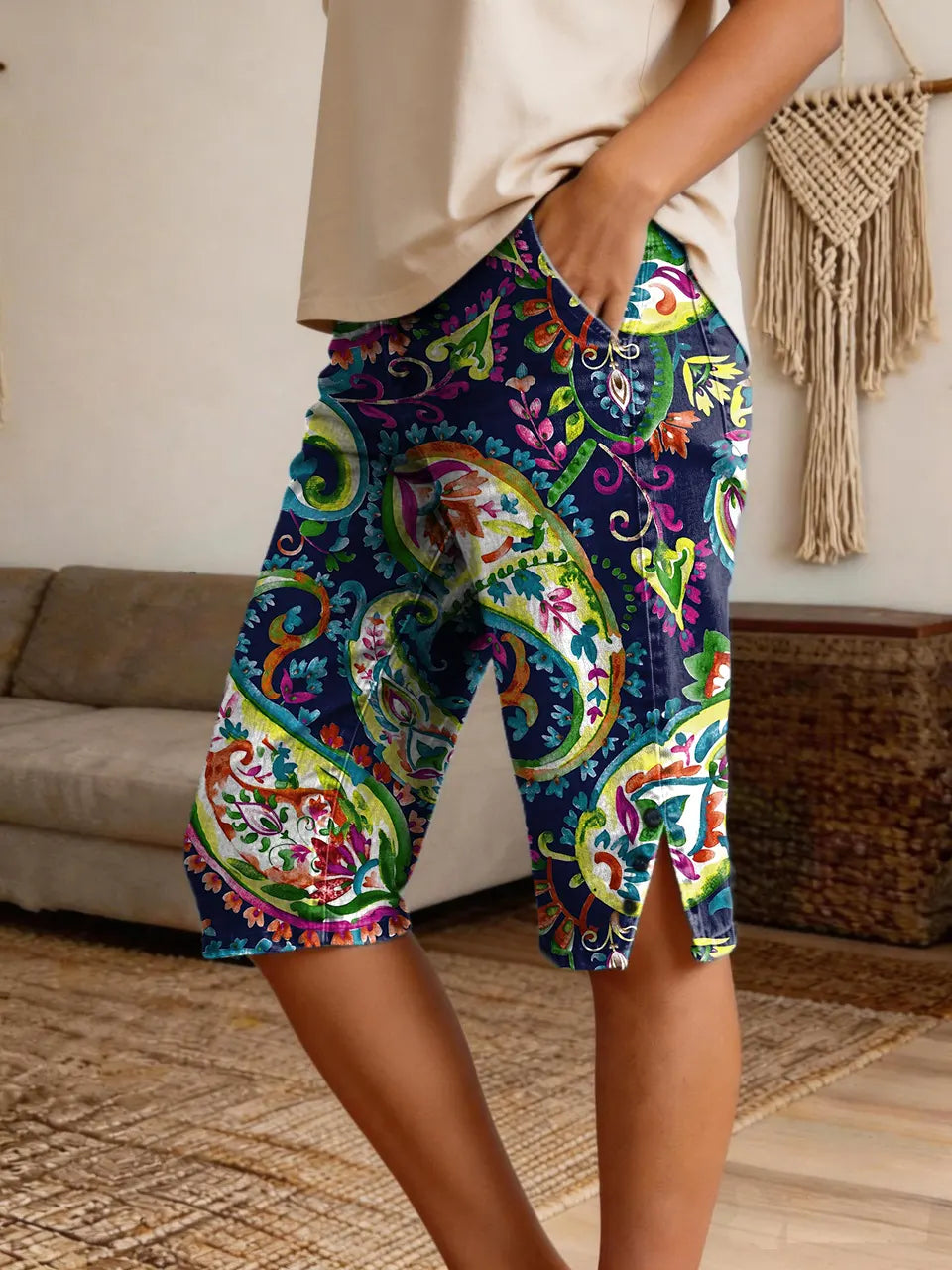 Women's Paisley Ethnic Print Denim Bermuda Shorts