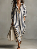 Off-white Casual Striped Shirt Bohemian Style Maxi Dress
