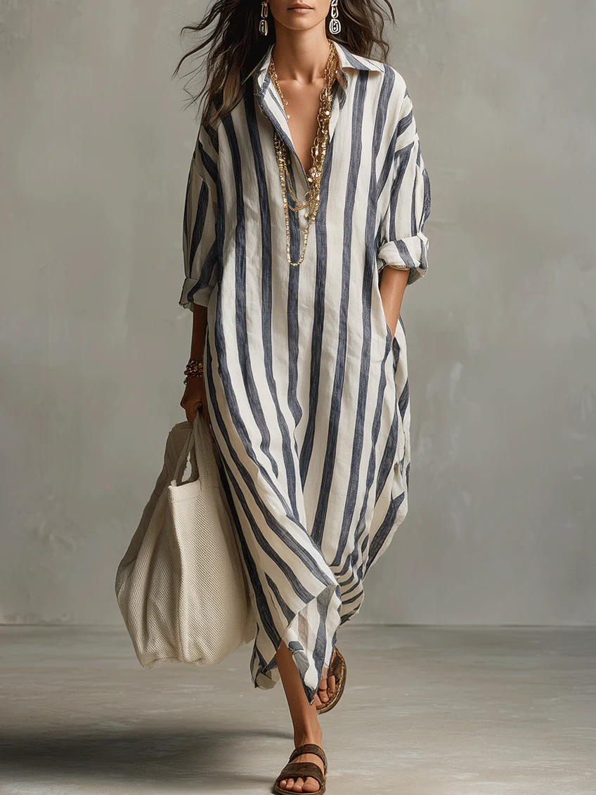 Off-white Casual Striped Shirt Bohemian Style Maxi Dress