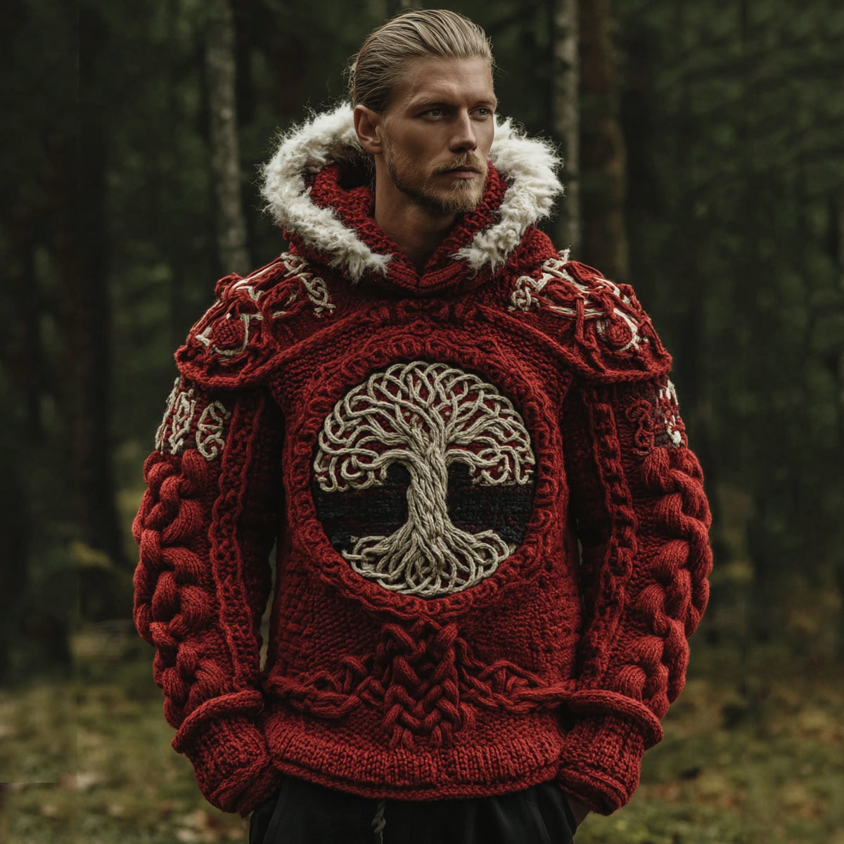 Men's Vintage Viking Tree Of Life Jacquard Knit Hooded Sweater