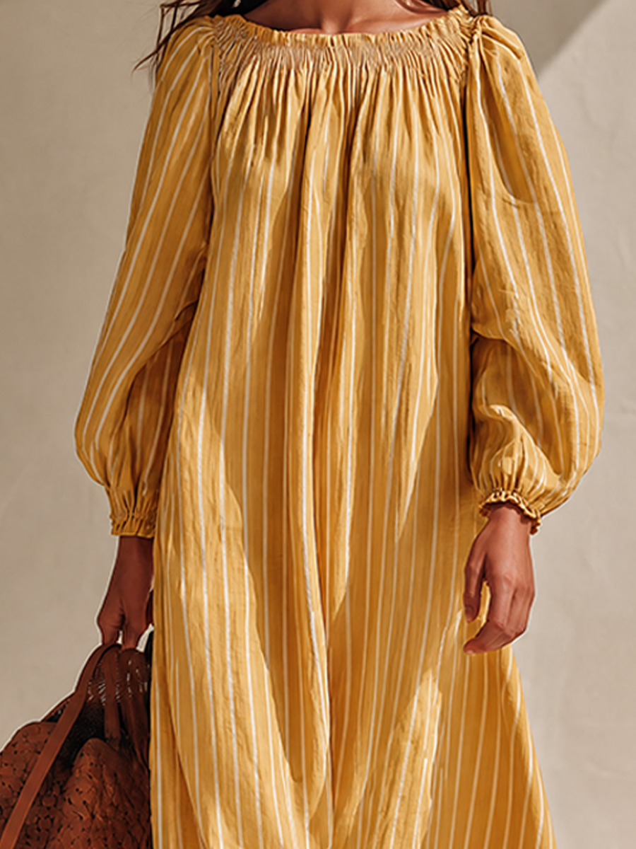 Women's Yellow White Vertical Stripe Cotton Linen Off Shoulder Balloon Sleeve Ruffle Hem Maxi Dress MDZ2468G4ZRK