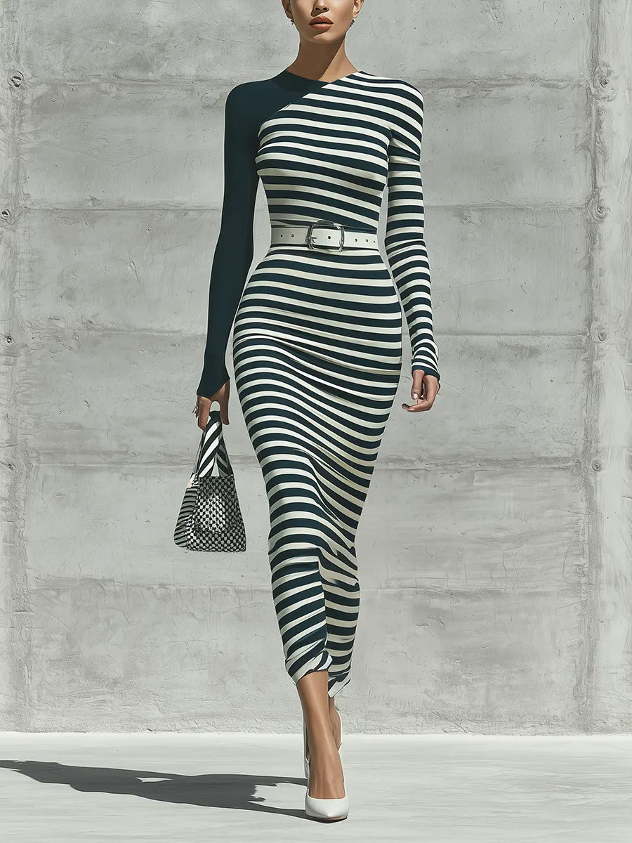 Women's Black And White Horizontal Stripe Color Block Asymmetric Neck Long Sleeve Bodycon Midi Dress (Without Belt) MDZ2406G1YZJ