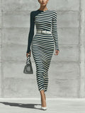 Women's Black And White Horizontal Stripe Color Block Asymmetric Neck Long Sleeve Bodycon Midi Dress (Without Belt) MDZ2406G1YZJ