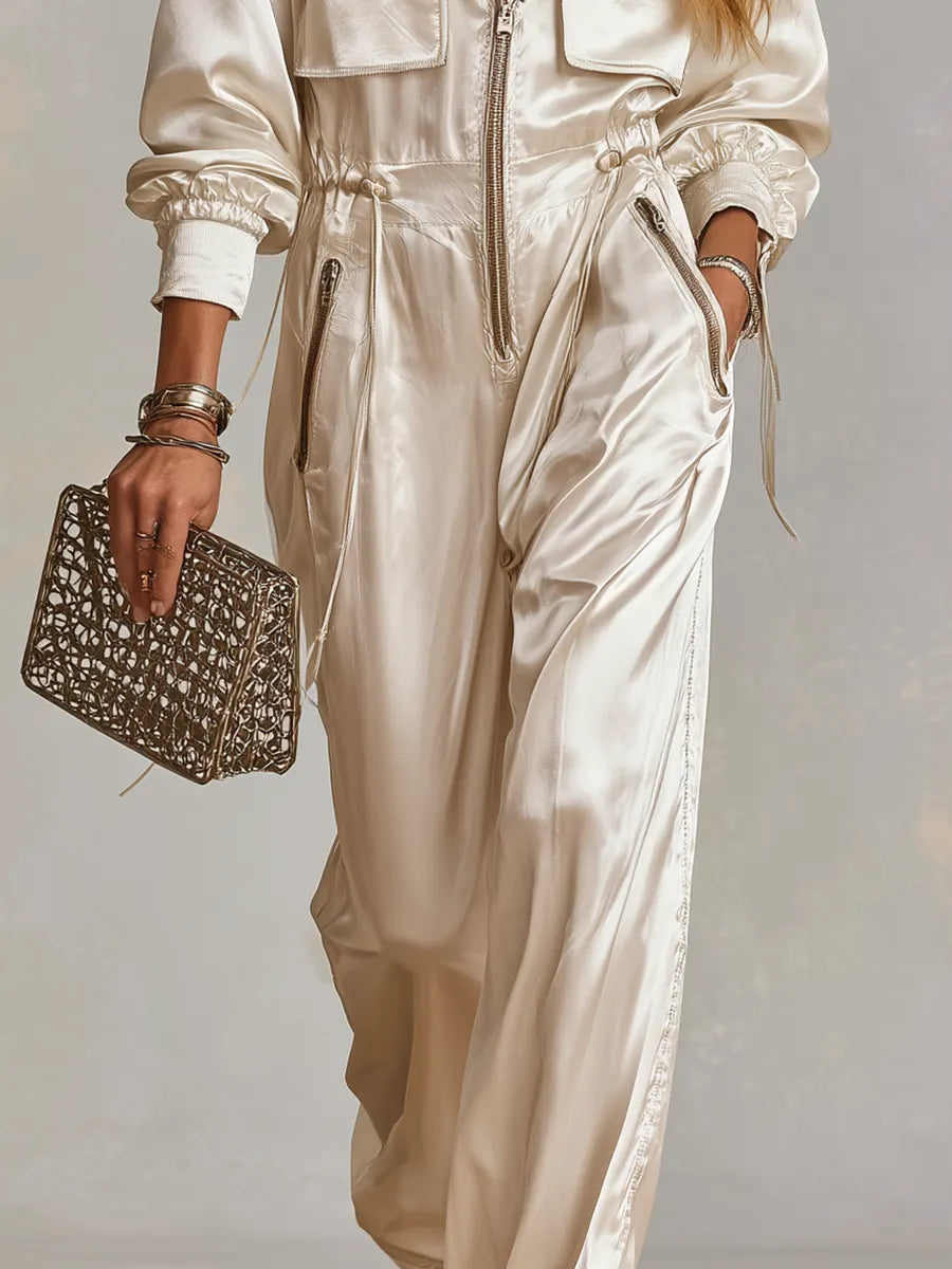 Bohemian White Satin Practical Pocket Zip-up Jumpsuit