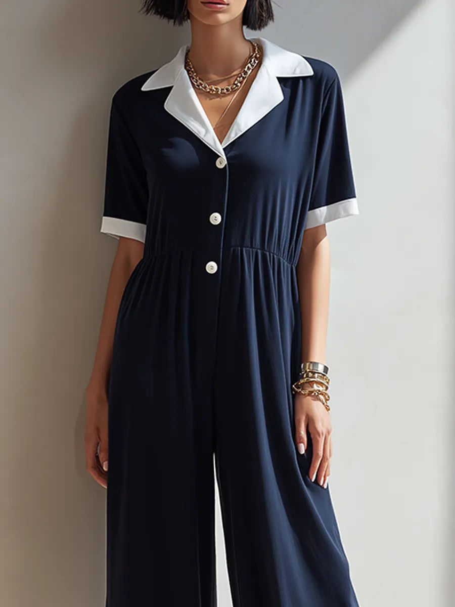 Women's Minimalist Navy & White Color-Block Lapel Short-Sleeve Wide-Leg Jumpsuit With Elastic Waist MDZ0697G5ZRK