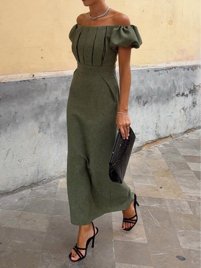 Elegant one-shoulder puff sleeve pleated dress
