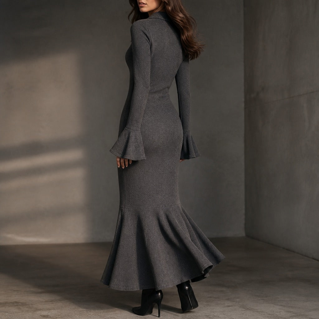 Selara – Ribbed Fishtail Knit Midi Dress with Half-Zip Collar