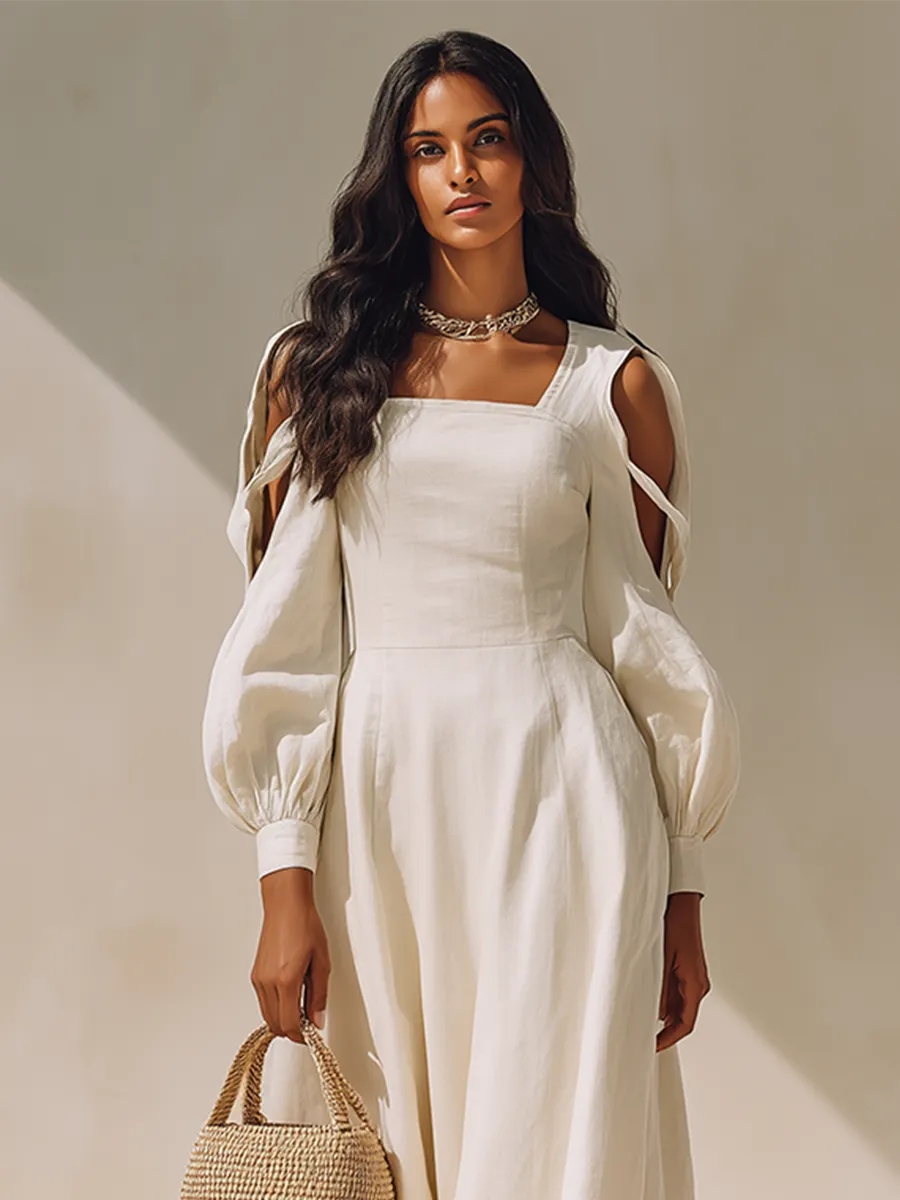 Women's Off White Linen Blend Midi Dress With Square Neck Cutout Balloon Long Sleeves, Minimalist Elegant Flowy Vacation Midi Dress MDZ0268G6LYL