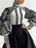 Long Sleeves Loose Contrast Color Flower Print High Neck Blouses&Shirts Tops