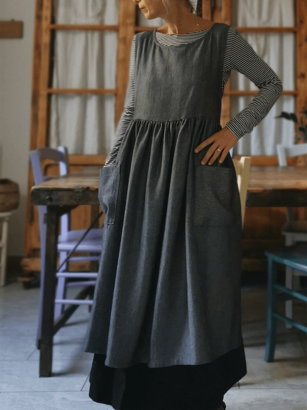 Grey Herringbone  Apron with Pockets
