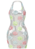 Halter Floral Sequin Dress Silver