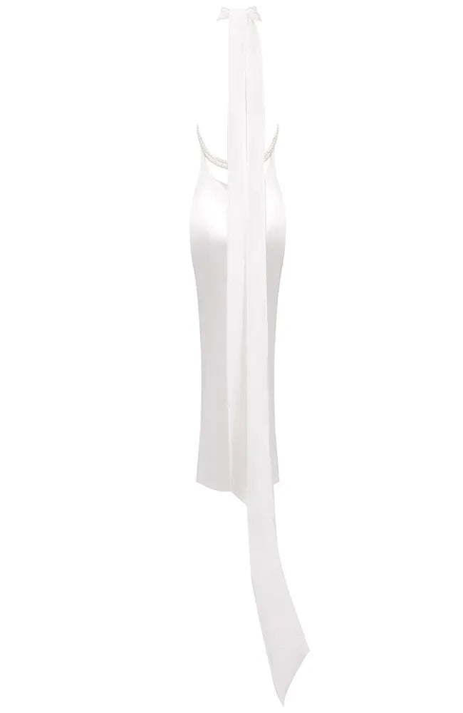 Halter Pearl Backless Maxi Dress White