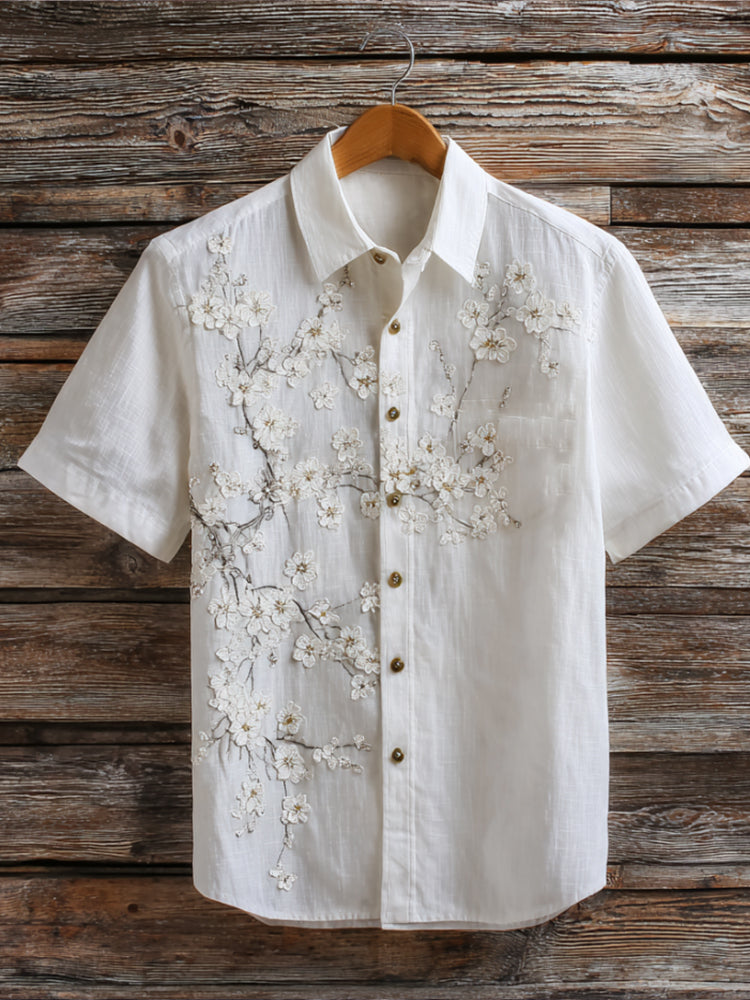 Japanese Style White Cherry Blossom Embroidered Washed Short Sleeve Shirt