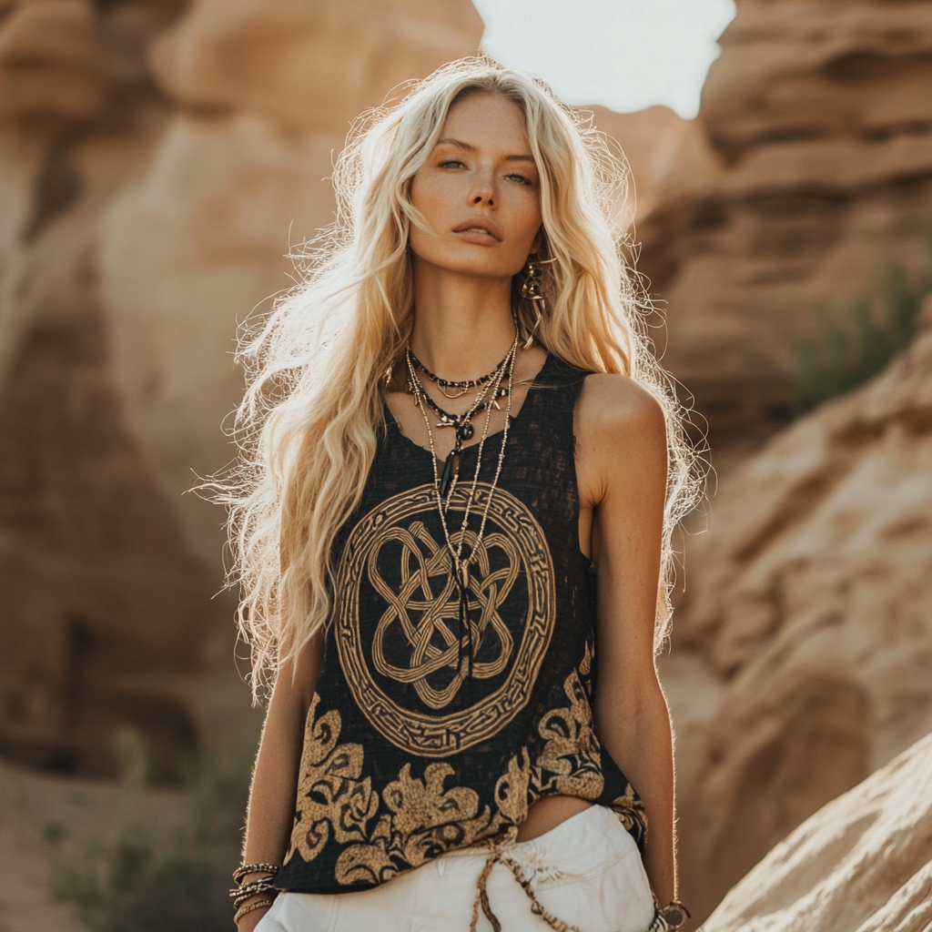 Women's Viking Tribal  Ethnic With Celtic Knot Pattern Art Linen  Sleeveless Top