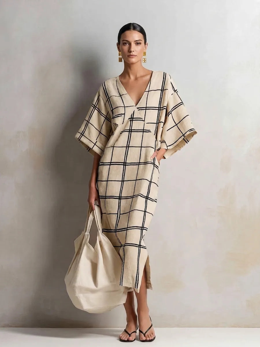 Women's Minimalist Beige Cotton Linen Blend Windowpane Check V-Neck Kaftan Midi Dress MDZ1087G8ZSQ