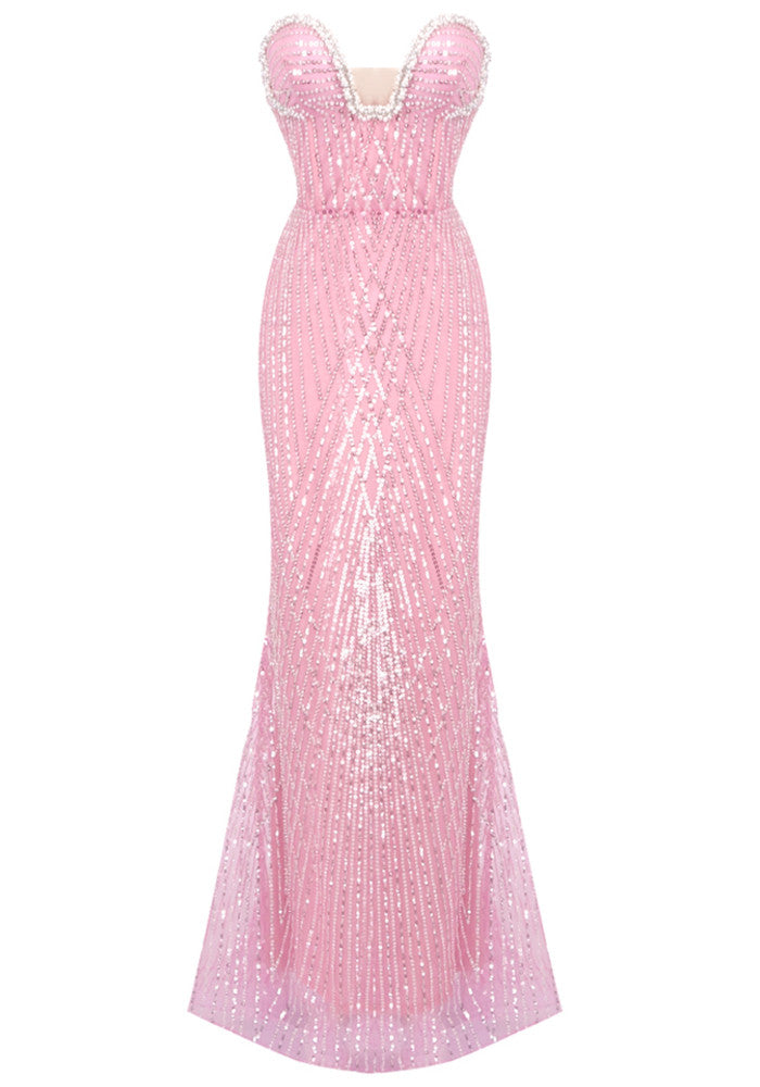 Strapless Crystal Bustier Sequin Maxi Dress Pink