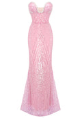 Strapless Crystal Bustier Sequin Maxi Dress Pink