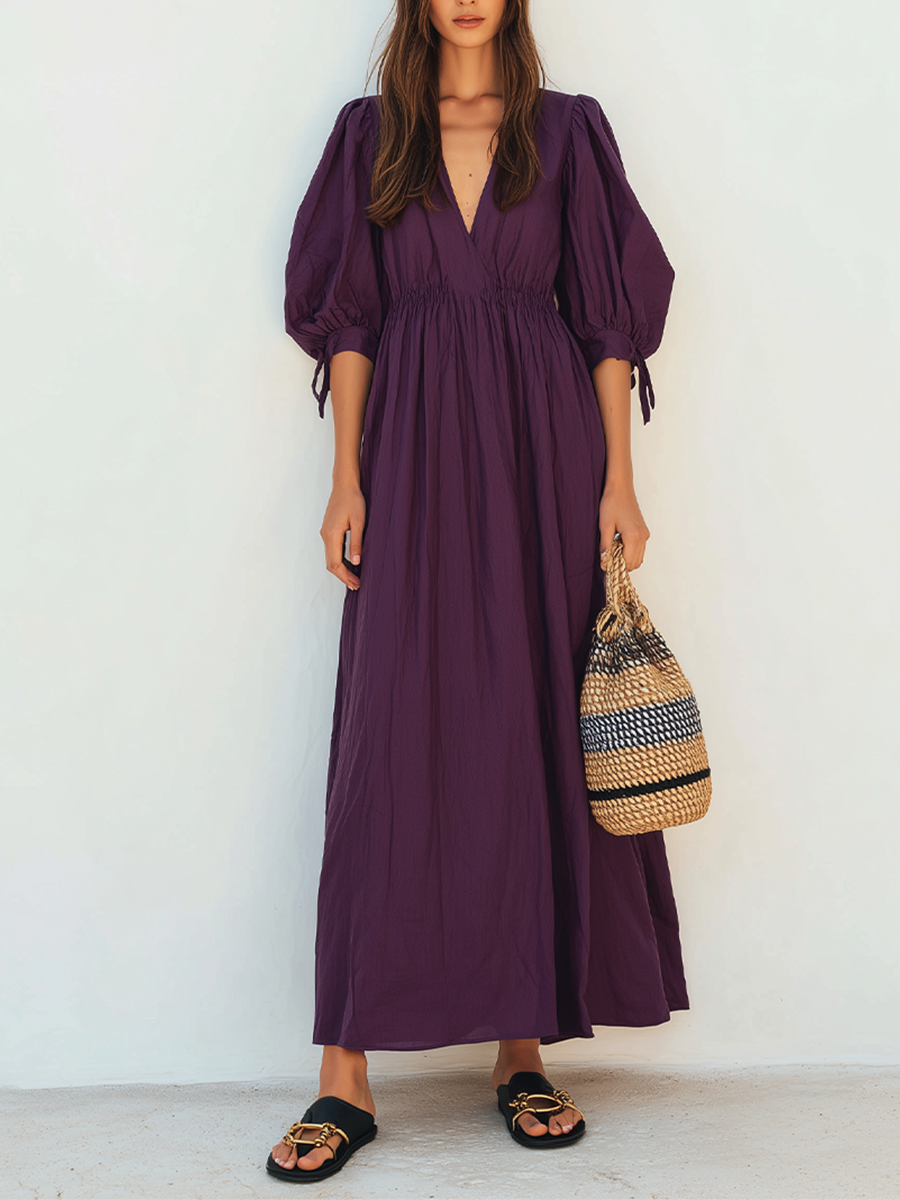 Women's Dark Purple Crinkled Woven Maxi Dress With V Neck Tie Cuff Puff Sleeves & Smocked Elastic Waist, Boho Casual Resort Flowy Maxi Dress MDZ0956G8LYL