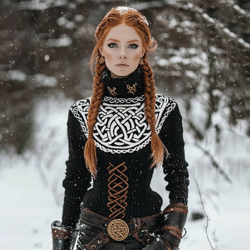 Women's Viking Style Celtic Knot Line Type Knitted High Neck Sweater