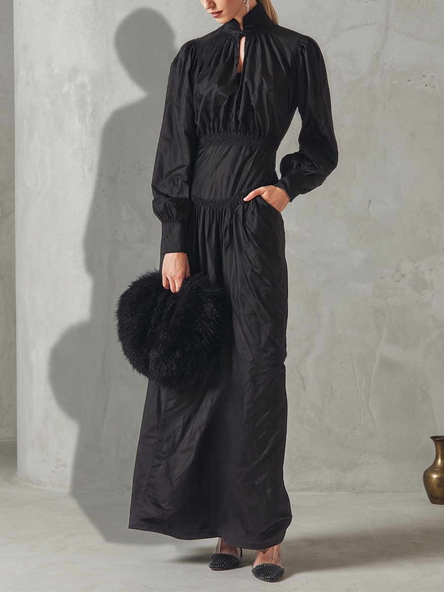 Women's All-Black Cotton-Blend Maxi Dress With Ruched Cinched Torso & Cuff Button Sleeves, Versatile Formal Occasion Flowy Maxi Dress MDZ0678G5LYL
