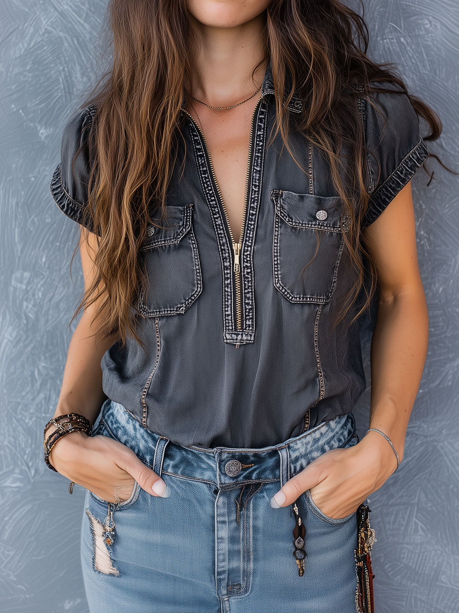 Retro Western Washed Black Zip-Front Utility Pocket Blouse