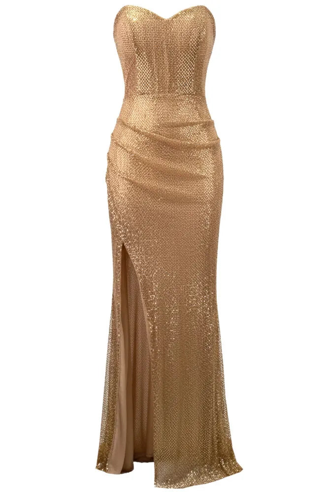 Strapless Draped Sparkly Maxi Dress Gold