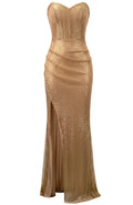 Strapless Draped Sparkly Maxi Dress Gold