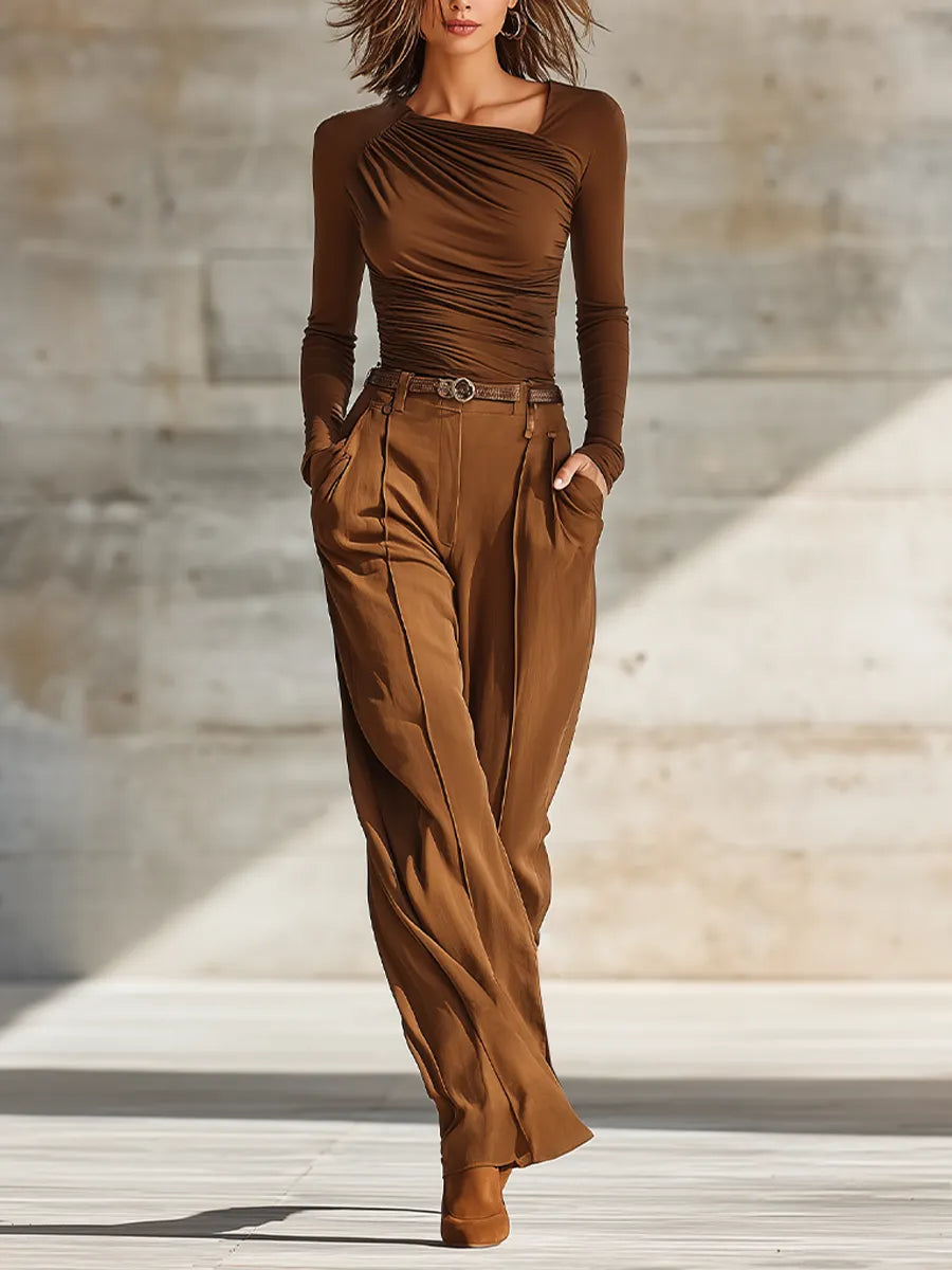 Women's Chocolate Brown Co-Ord Set With Diagonal Neckline Draped Slim Blouse & High Waist Pleated Wide Leg Pants, Minimalist Elegant Two Piece Outfit (without Belt) MDZ2499G2LYL