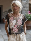 Bohème Style Embroidered Rose Gradient Tie-dye Short-sleeved Round-neck Top