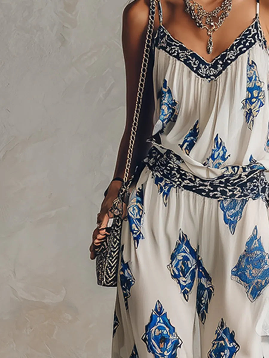 Retro Bohemian Print White Camisole And Wide-Leg Pants Chiffon Set